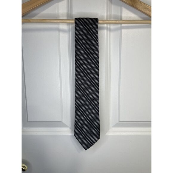 Calvin Klein Other - Calvin Klein Black Silver & Gray Striped Silk Blend Tie